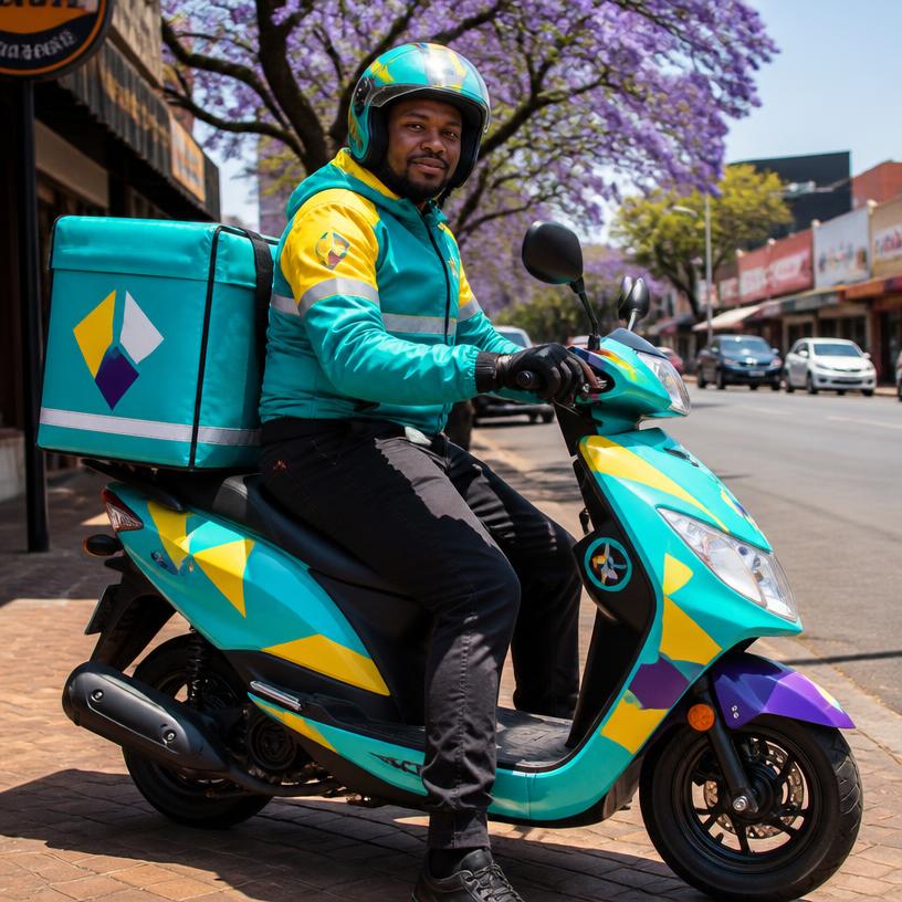 South African delivery rider on a brightly branded scooter under jacaranda trees